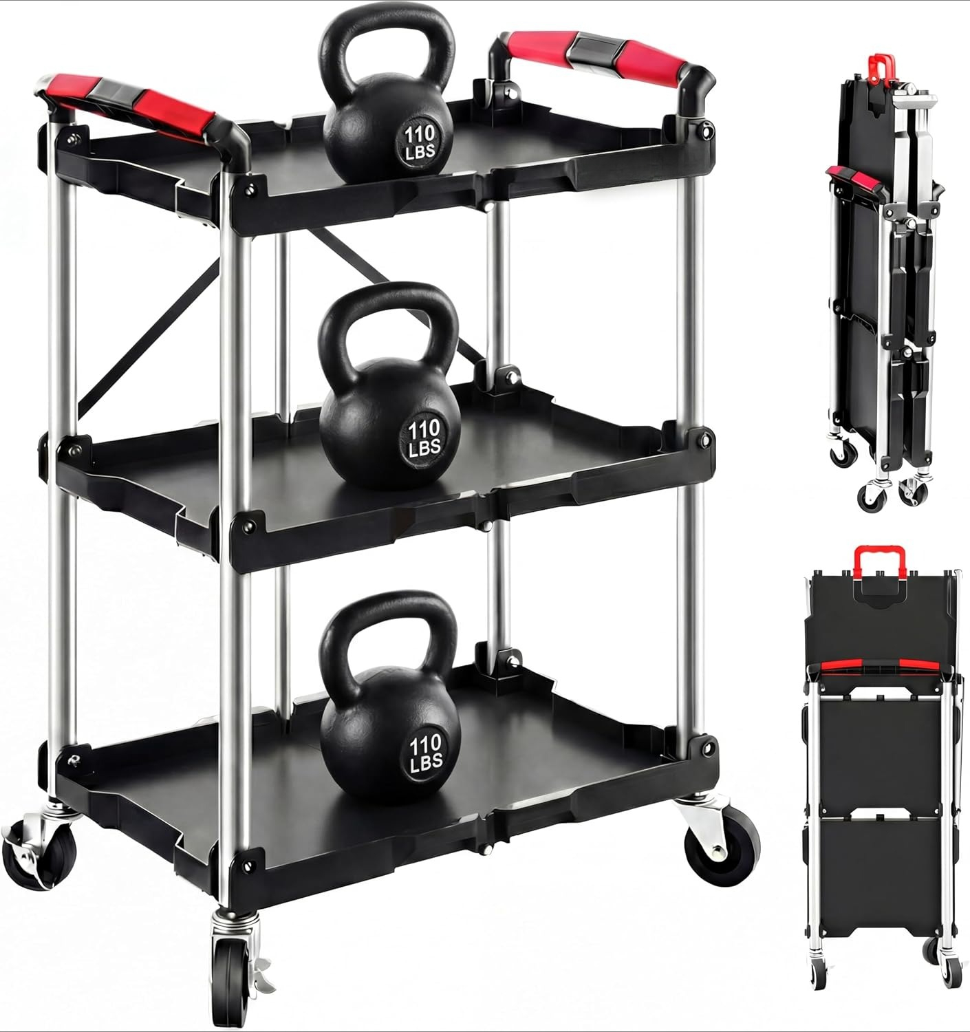 Tools Trolley For Workshop - 3-stöckiger faltbarer Rollwagen, 330 LBS, Hochleistungs-Werkzeugwagen